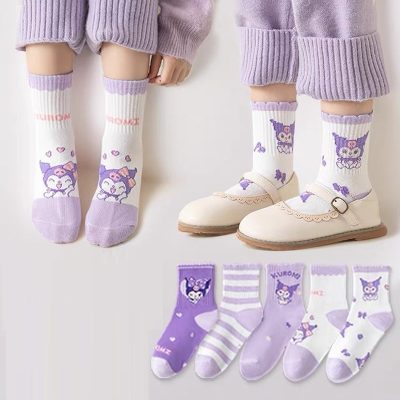Set 5 Đôi Tất Thu Đông Cao Cổ Cho Bé Gái 1-12 Tuổi Mẫu Kurumi Tím T41