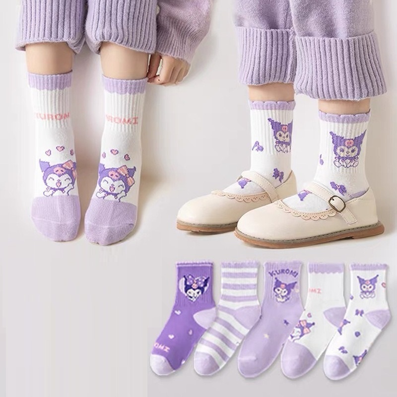 Set 5 Đôi Tất Thu Đông Cao Cổ Cho Bé Gái 1-12 Tuổi Mẫu Kurumi Tím T41