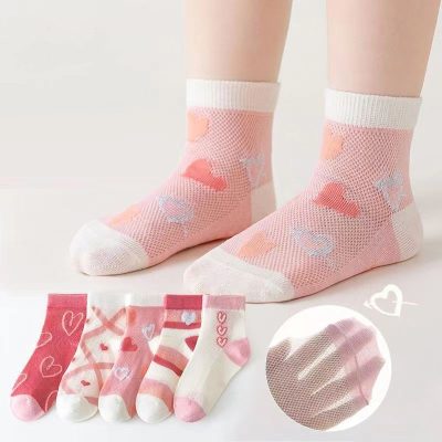 Set 5 Đôi Tất Thu Đông Cao Cổ Cho Bé Trai Bé Gái 6-9 Tuổi Mẫu Trái Tim Hồng T71