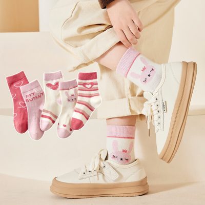 Set 5 Đôi Tất Thu Đông Cao Cổ Cho Bé Gái 1-12 Tuổi Thỏ Bunny T68