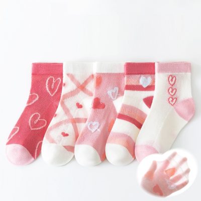 Set 5 Đôi Tất Thu Đông Cao Cổ Cho Bé Trai Bé Gái 6-9 Tuổi Mẫu Trái Tim Hồng T71