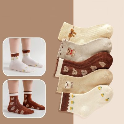 Set 5 Đôi Tất Cổ Cho Bé Thu Đông 2-10 Tuổi Mẫu Gấu Nâu T73