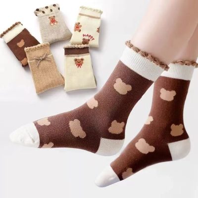 Set 5 Đôi Tất Cổ Cho Bé Thu Đông 2-10 Tuổi Mẫu Gấu Nâu T73