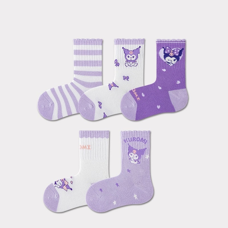 Set 5 Đôi Tất Thu Đông Cao Cổ Cho Bé Gái 1-12 Tuổi Mẫu Kurumi Tím T41