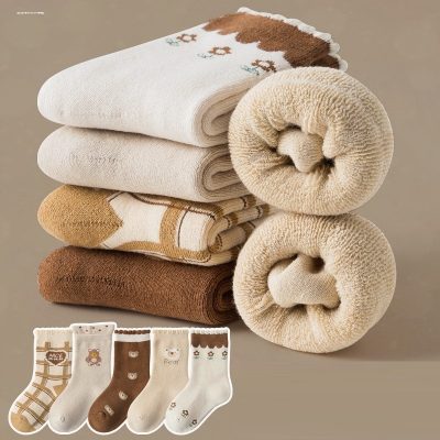 Set 5 Đôi Tất Cổ Cho Bé Thu Đông 2-10 Tuổi Mẫu Gấu Nâu T73
