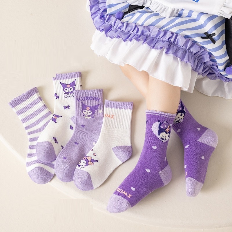 Set 5 Đôi Tất Thu Đông Cao Cổ Cho Bé Gái 1-12 Tuổi Mẫu Kurumi Tím T41