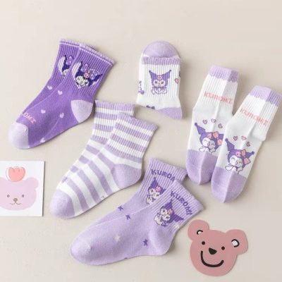 Set 5 Đôi Tất Thu Đông Cao Cổ Cho Bé Gái 1-12 Tuổi Mẫu Kurumi Tím T41