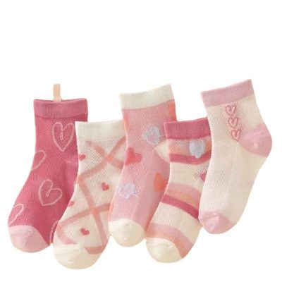 Set 5 Đôi Tất Thu Đông Cao Cổ Cho Bé Trai Bé Gái 6-9 Tuổi Mẫu Trái Tim Hồng T71