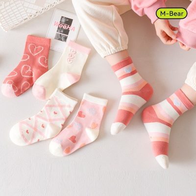 Set 5 Đôi Tất Thu Đông Cao Cổ Cho Bé Trai Bé Gái 6-9 Tuổi Mẫu Trái Tim Hồng T71