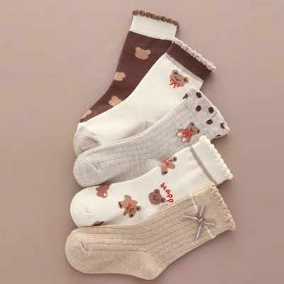 Set 5 Đôi Tất Cổ Cho Bé Thu Đông 2-10 Tuổi Mẫu Gấu Nâu T73