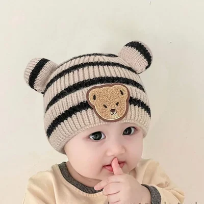 Mũ Len Cho Bé Trai Bé Gái 3-12 Tháng Hình Gấu Sọc Ngang M62 - Ảnh 4