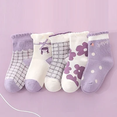 Set 5 Đôi Tất Cao Cổ Thu Đông Cho Bé Gái 1-12 Tuổi Mẫu Hoa Tím T80 - Ảnh 3