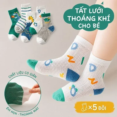 Set 5 Đôi Tất Lưới Cổ Trung Trẻ Em 1-12 Tuổi Cotton Thoáng Khí T25 - Ảnh 9