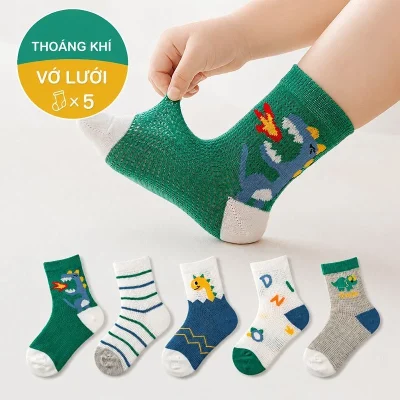 Set 5 Đôi Tất Lưới Cổ Trung Trẻ Em 1-12 Tuổi Cotton Thoáng Khí T25