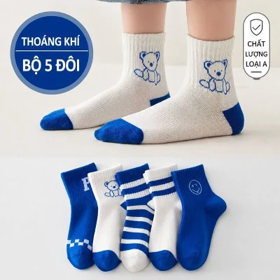 Set 5 Đôi Tất Cho Bé Trai Bé Gái 1- 12 Tuổi Thoáng Khí Họa Tiết Gấu Cute T26