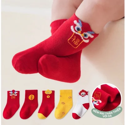 Set 5 Đôi Tất Cổ Cao Thu Đông Cho Bé 0-5 Tuổi Mẫu Lân Đỏ T22 - Ảnh 3