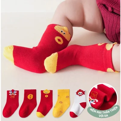 Set 5 Đôi Tất Cổ Cao Thu Đông Cho Bé 0-5 Tuổi Mẫu Lân Đỏ T22 - Ảnh 5