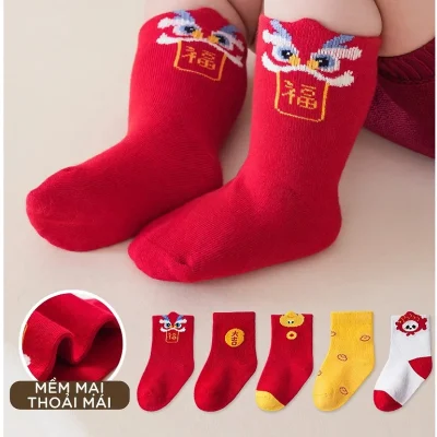 Set 5 Đôi Tất Cổ Cao Thu Đông Cho Bé 0-5 Tuổi Mẫu Lân Đỏ T22
