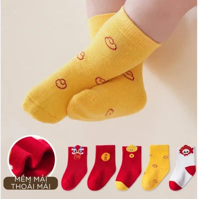Set 5 Đôi Tất Cổ Cao Thu Đông Cho Bé 0-5 Tuổi Mẫu Lân Đỏ T22 - Ảnh 6