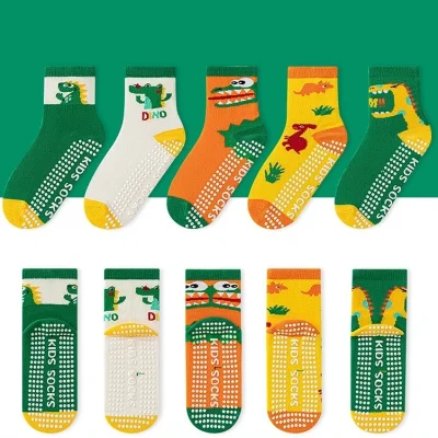 Set 5 Đôi Tất Thu Đông Chống Trượt Cho Bé 1-12 Tuổi Mẫu Dino T18 - Ảnh 2