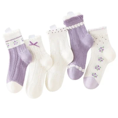 Set 5 Đôi Tất Lưới Thu Đông Cao Cổ Cho Bé Gái 1-12 Tuổi Mẫu Nơ Tím T76 - Ảnh 10