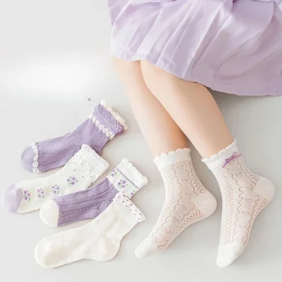 Set 5 Đôi Tất Lưới Thu Đông Cao Cổ Cho Bé Gái 1-12 Tuổi Mẫu Nơ Tím T76
