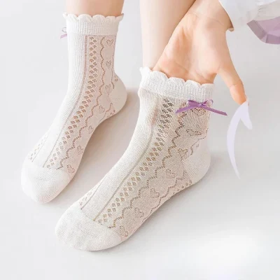Set 5 Đôi Tất Lưới Thu Đông Cao Cổ Cho Bé Gái 1-12 Tuổi Mẫu Nơ Tím T76 - Ảnh 6