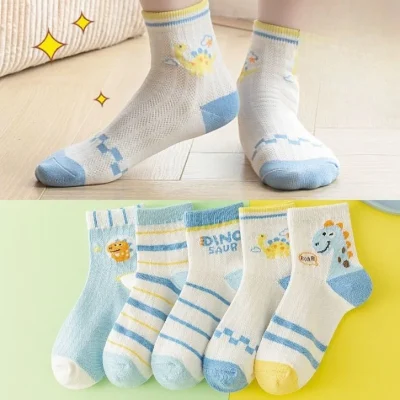 Set 5 Đôi Tất Lưới Thu Đông Cao Cổ Cho Bé 1-12 Tuổi Mẫu Khủng Long Dino T52 - Ảnh 2