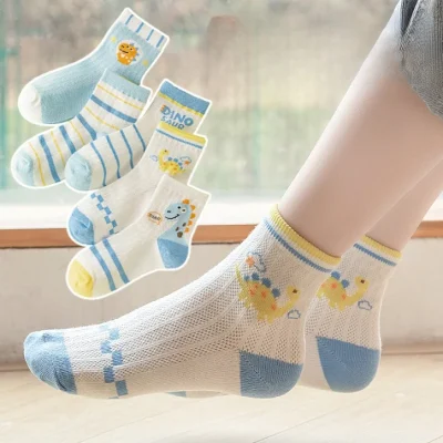 Set 5 Đôi Tất Lưới Thu Đông Cao Cổ Cho Bé 1-12 Tuổi Mẫu Khủng Long Dino T52