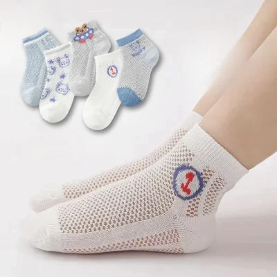 Set 5 Đôi Tất Lưới  Thu Đông Cao Cổ Cho Bé Trai Bé Gái 1-12 Tuổi Mẫu Gấu Xanh T51
