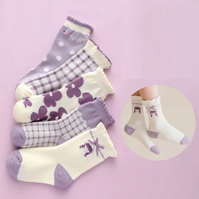 Set 5 Đôi Tất Cao Cổ Thu Đông Cho Bé Gái 1-12 Tuổi Mẫu Hoa Tím T80 - Ảnh 10