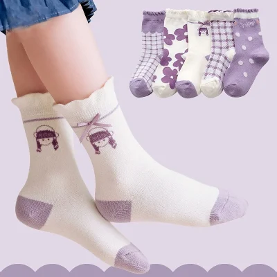 Set 5 Đôi Tất Cao Cổ Thu Đông Cho Bé Gái 1-12 Tuổi Mẫu Hoa Tím T80