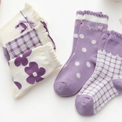 Set 5 Đôi Tất Cao Cổ Thu Đông Cho Bé Gái 1-12 Tuổi Mẫu Hoa Tím T80 - Ảnh 5