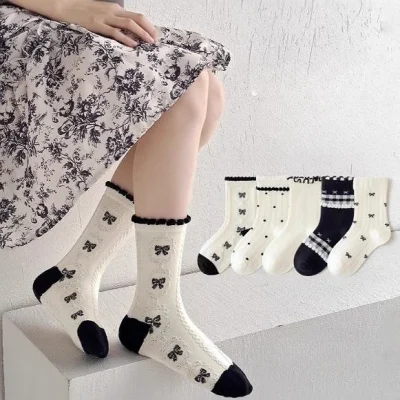 Set 5 Đôi Tất Cao Cổ Thu Đông Cho Bé Gái 1-12 Tuổi Mẫu Nơ T65 - Ảnh 2