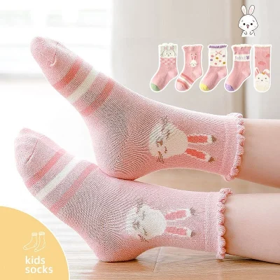 Set 5 Đôi Tất Thu Đông Cổ Cao Viền Bèo Cho Bé Gái Từ 1-12 Tuổi Mẫu Thỏ Rabbit T67. - Ảnh 2