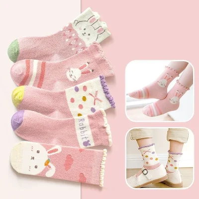 Set 5 Đôi Tất Thu Đông Cổ Cao Viền Bèo Cho Bé Gái Từ 1-12 Tuổi Mẫu Thỏ Rabbit T67. - Ảnh 7