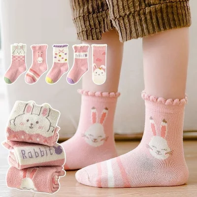 Set 5 Đôi Tất Thu Đông Cổ Cao Viền Bèo Cho Bé Gái Từ 1-12 Tuổi Mẫu Thỏ Rabbit T67. - Ảnh 4