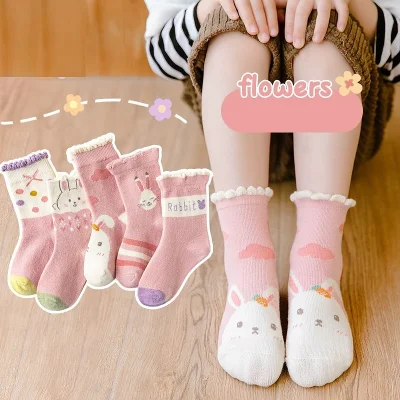 Set 5 Đôi Tất Thu Đông Cổ Cao Viền Bèo Cho Bé Gái Từ 1-12 Tuổi Mẫu Thỏ Rabbit T67.