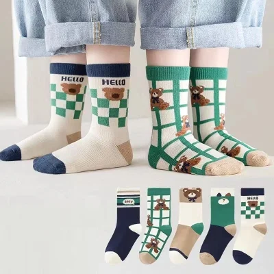 Set 5 Đôi Tất Thu Đông Vớ Cổ Cao Cho Bé 1-12 Tuổi Mẫu Gấu Caro T56