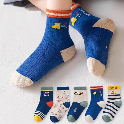 Set 5 Đôi Tất Thu Đông Cao Cổ Cho Bé 1-12 Tuổi Mẫu Máy Xúc T57 - Ảnh 2